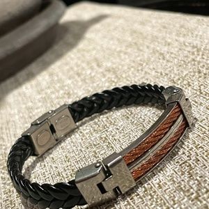 Black Braided Leather Bracelet with Stainless Steel -Copper Tone Accents